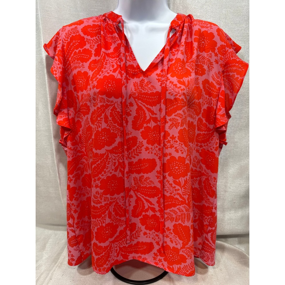 Ann Taylor Red‎ Pink Floral Ruffle Sleeve Tie Neck Blouse Medium